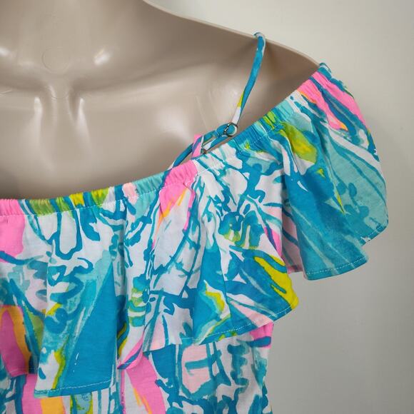 Lilly Pulitzer Top Womens XXS Blue Pink Off Shoulder Ruffle Surfboard Print Boho - Picture 9 of 16
